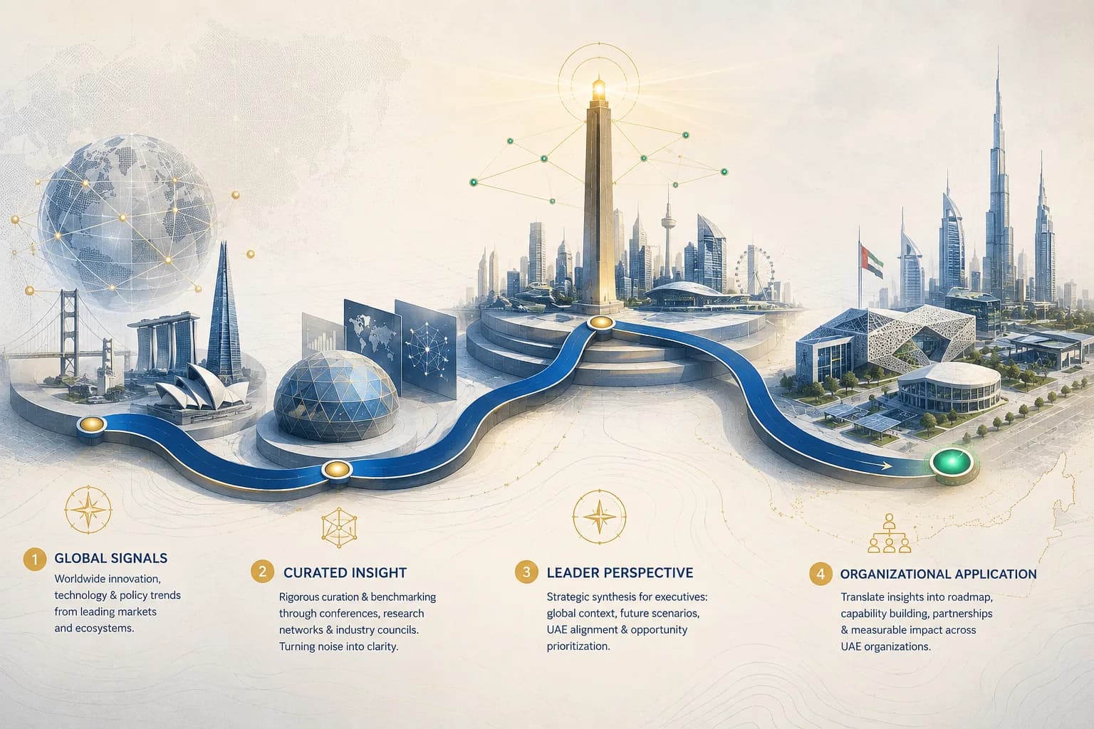 A flow connecting global signals, curation, insight, and application