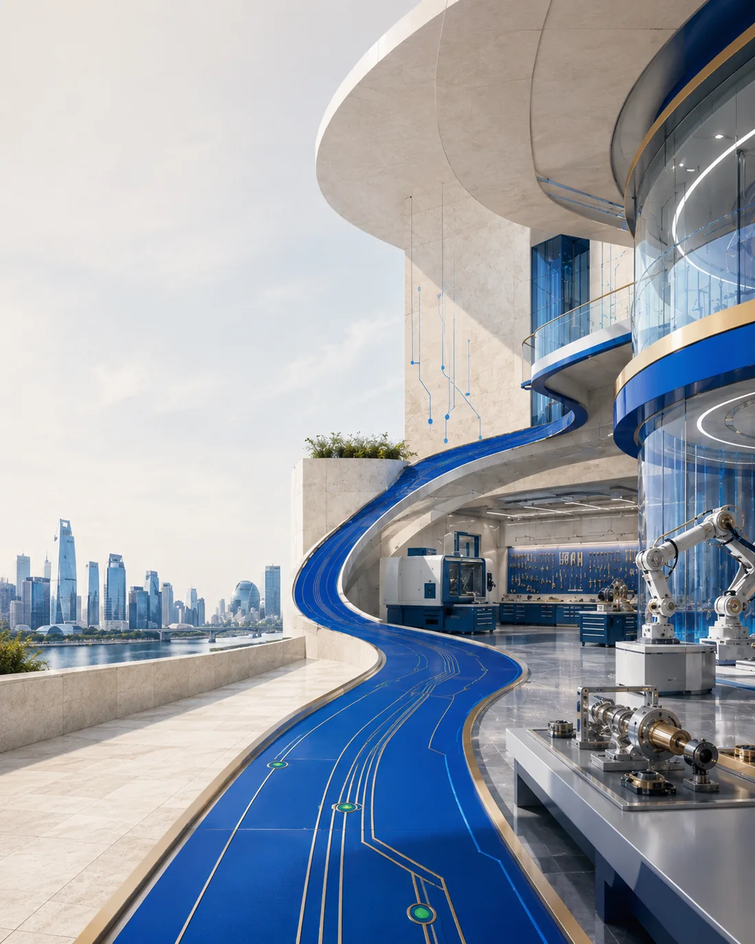 A skyline circuit of architecture and innovation districts representing professional journeys